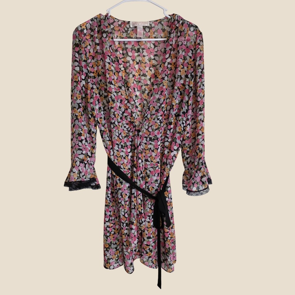 Oscar de la Renta Womens Kimono Robe Size Large Pink Floral Sheer Lace Lounge